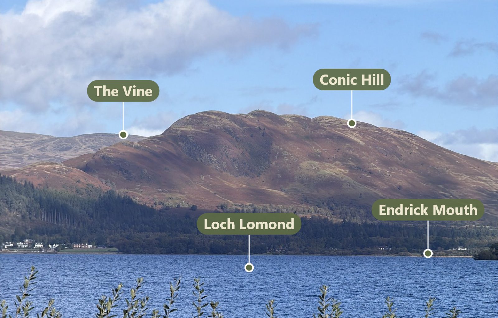 Conic Hill and The Vine above Loch Lomond, named by View Scanner